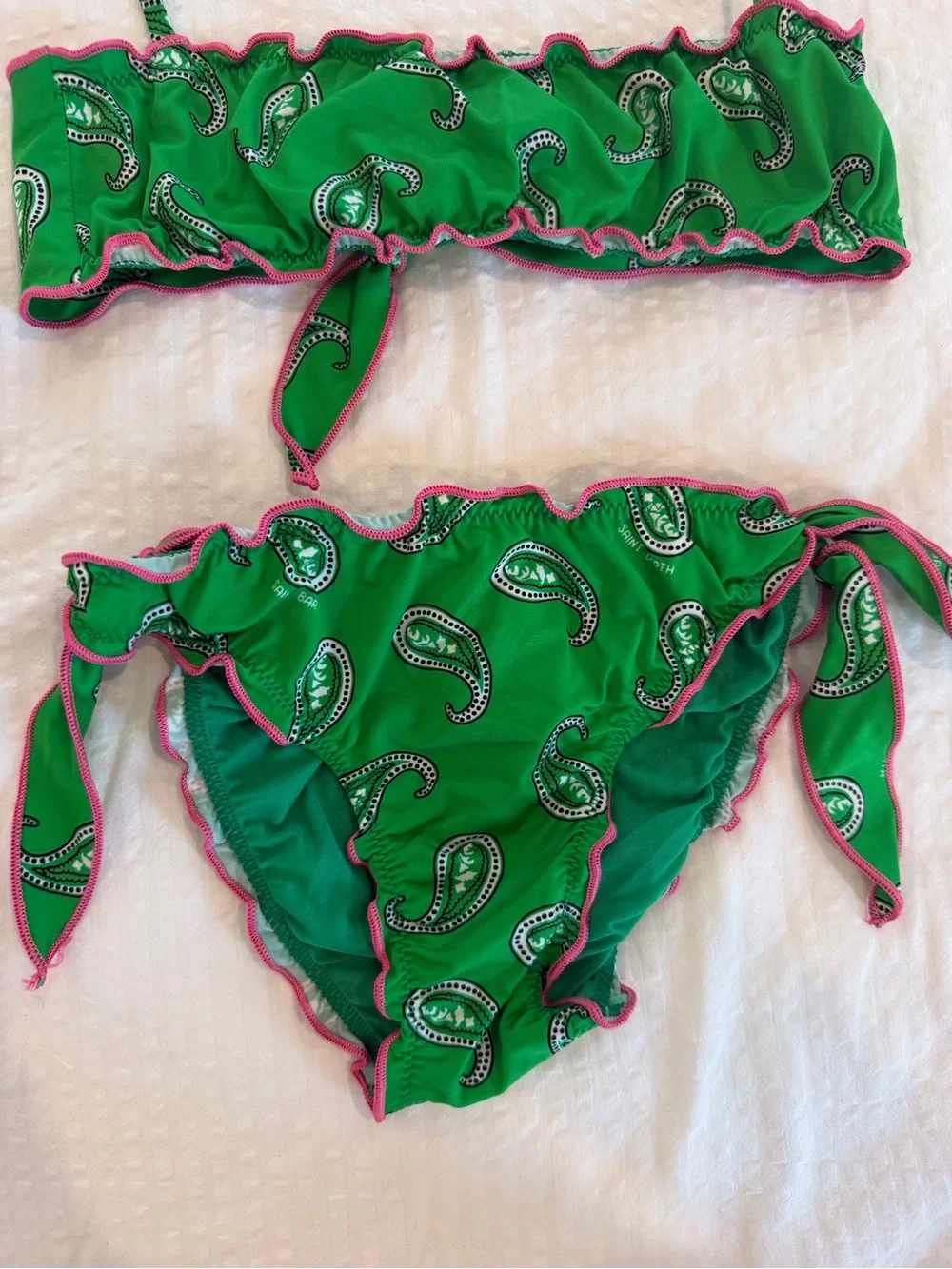 Green Paisley Kids Bikini Set with Pink Trim